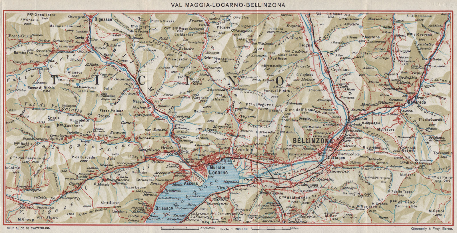 VAL MAGGIA-LOCARNO-BELLINZONA. Ticino Lake Maggiore Cardada. Vintage map 1948